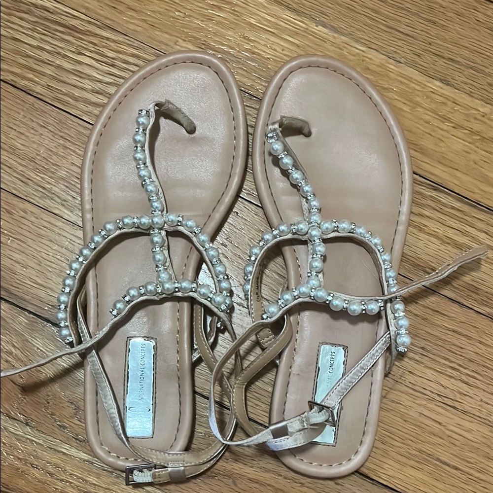 Elegant Tan Pearl-Embellished Sandals